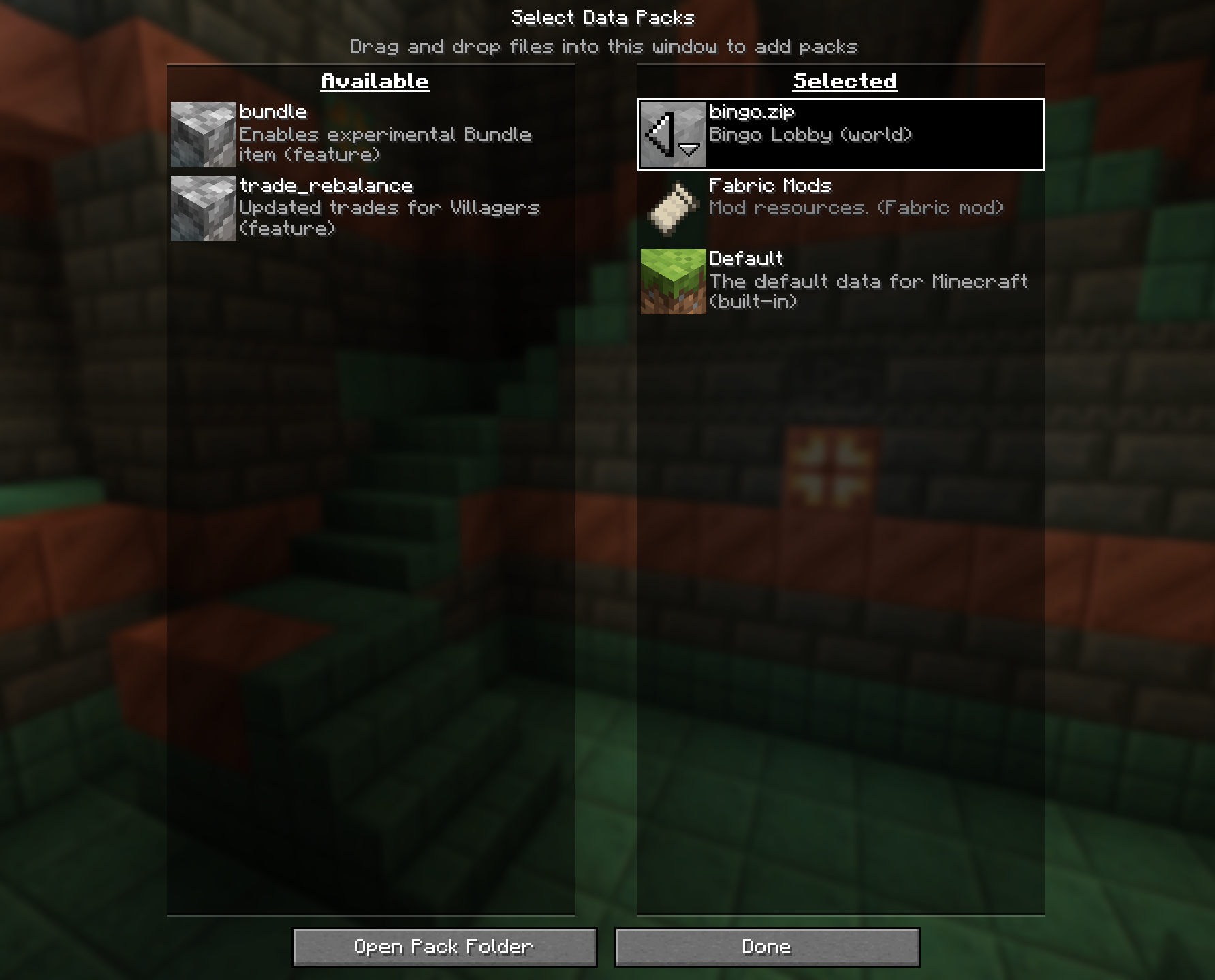 The "bingo.zip" datapack is selected