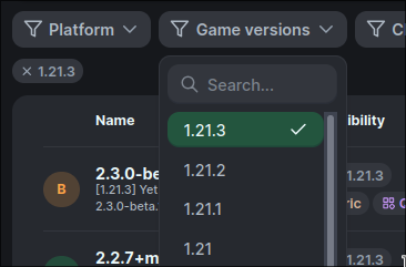 A "game versions" dropdown menu with 1.21.3 selected.